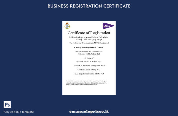 Certificato MPAS USA di registrazione aziendale in stile verificato Modello Word